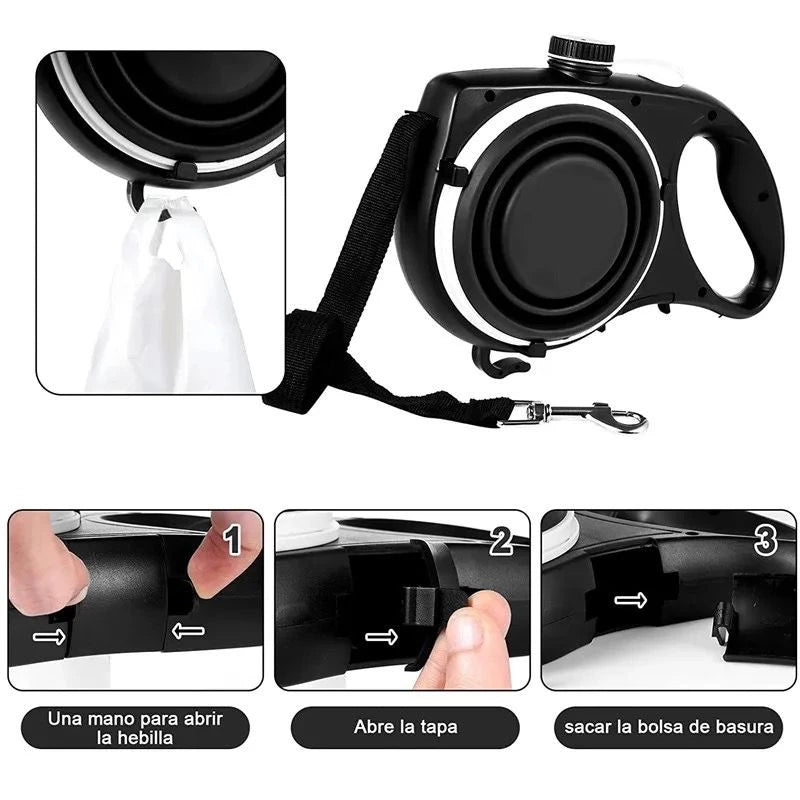 Correa multifunción con soporte para correa y bolsa de agua para pasear a tu mascota, perro o gato. Colores: negro, azul y rojo.