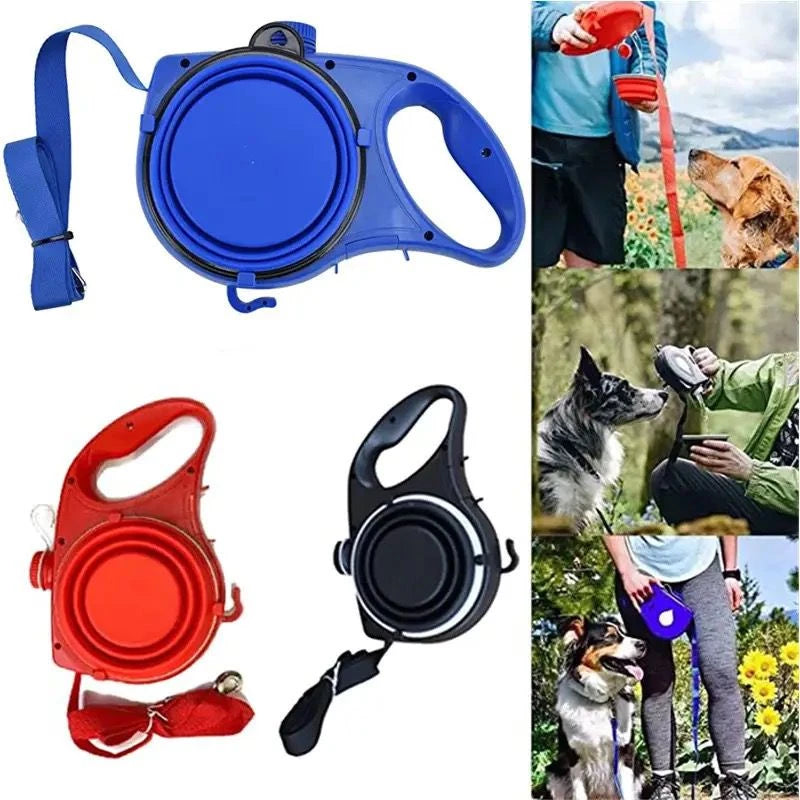 Correa multifunción con soporte para correa y bolsa de agua para pasear a tu mascota, perro o gato. Colores: negro, azul y rojo.
