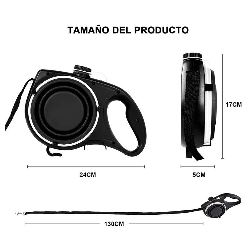Correa multifunción con soporte para correa y bolsa de agua para pasear a tu mascota, perro o gato. Colores: negro, azul y rojo.