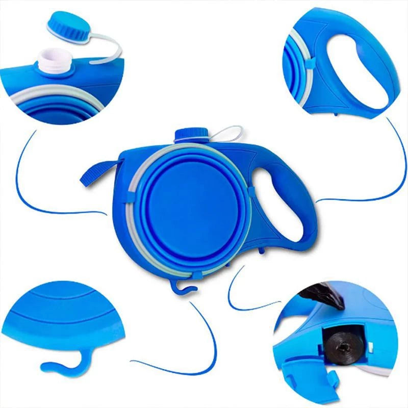Correa multifunción con soporte para correa y bolsa de agua para pasear a tu mascota, perro o gato. Colores: negro, azul y rojo.