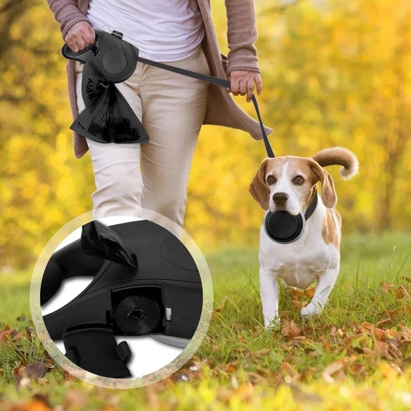 Correa multifunción con soporte para correa y bolsa de agua para pasear a tu mascota, perro o gato. Colores: negro, azul y rojo.