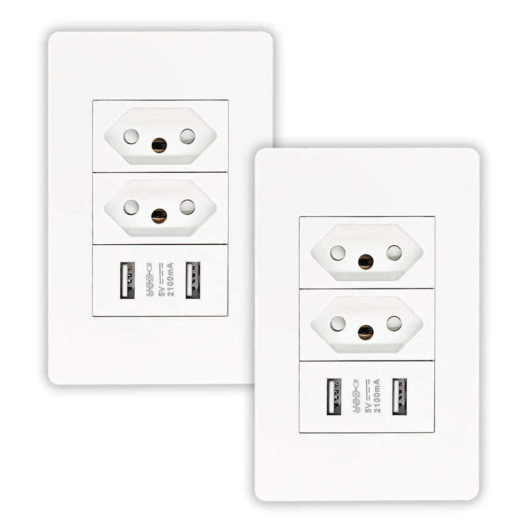 Kit com 2 tomadas de parede bivolt com portas USB integradas para carregamento - Rank Oferta