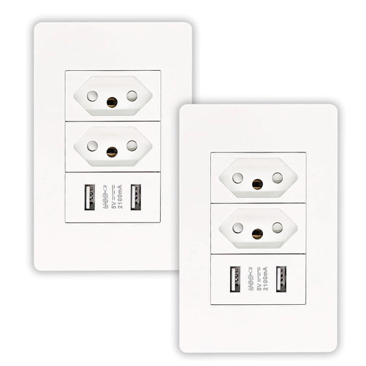 Kit com 2 tomadas de parede bivolt com portas USB integradas para carregamento - Rank Oferta